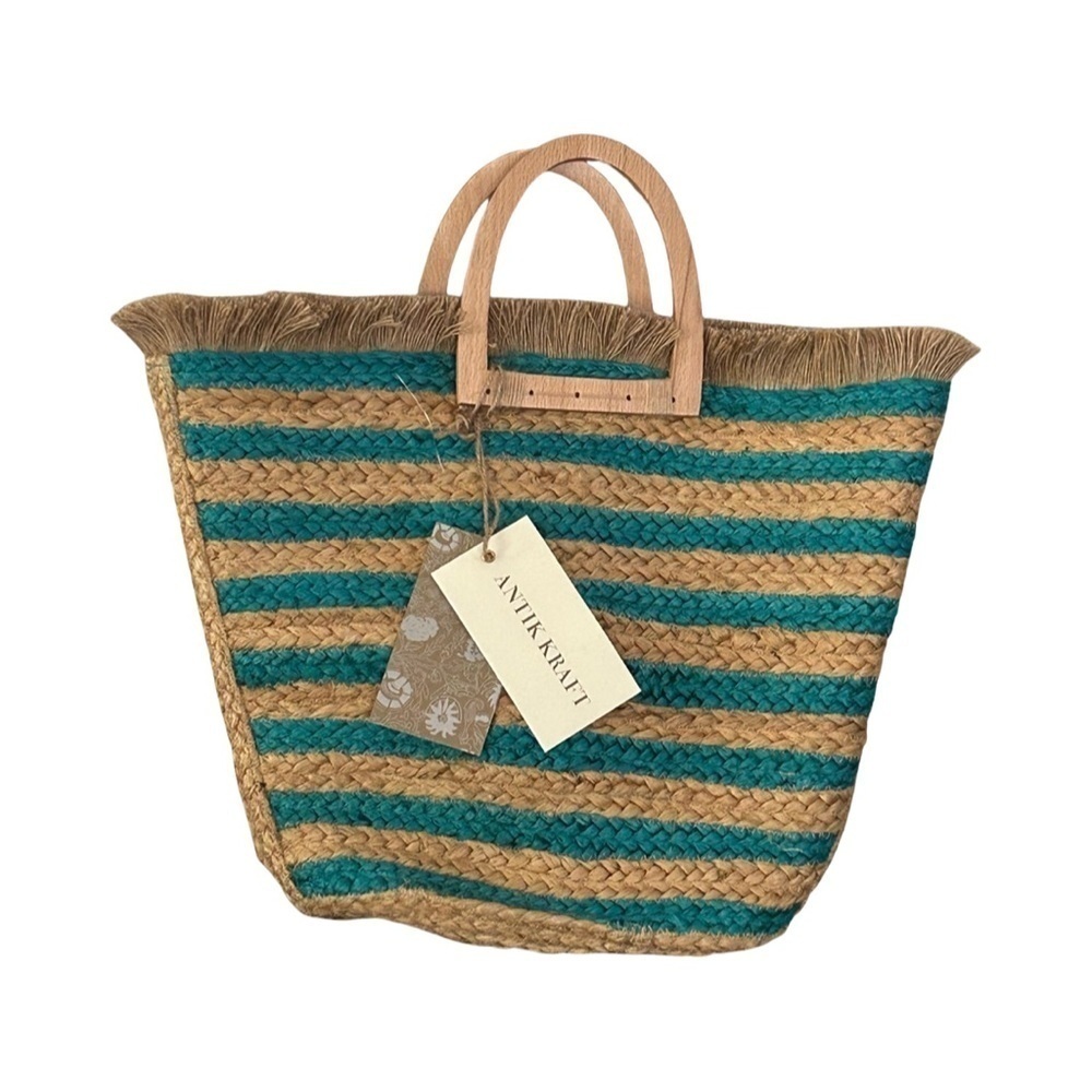 ANTIK KRAFT Hashree Wicker Jute Blue Stripes Tote Bag Wooden Handles Beach Bag - Picture 7 of 16